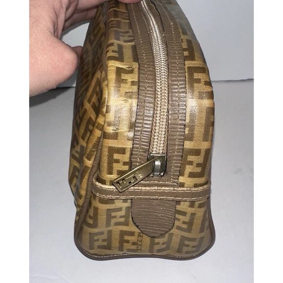 Fendi Zucchino Logo Zip Pouch Pattern PVC Clutch Brown Tan Vintage Bag authentic - Picture 5 of 12